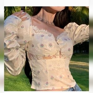 Seo Long-Sleeve Lace Trim Crop Top, Sz XS, NWT